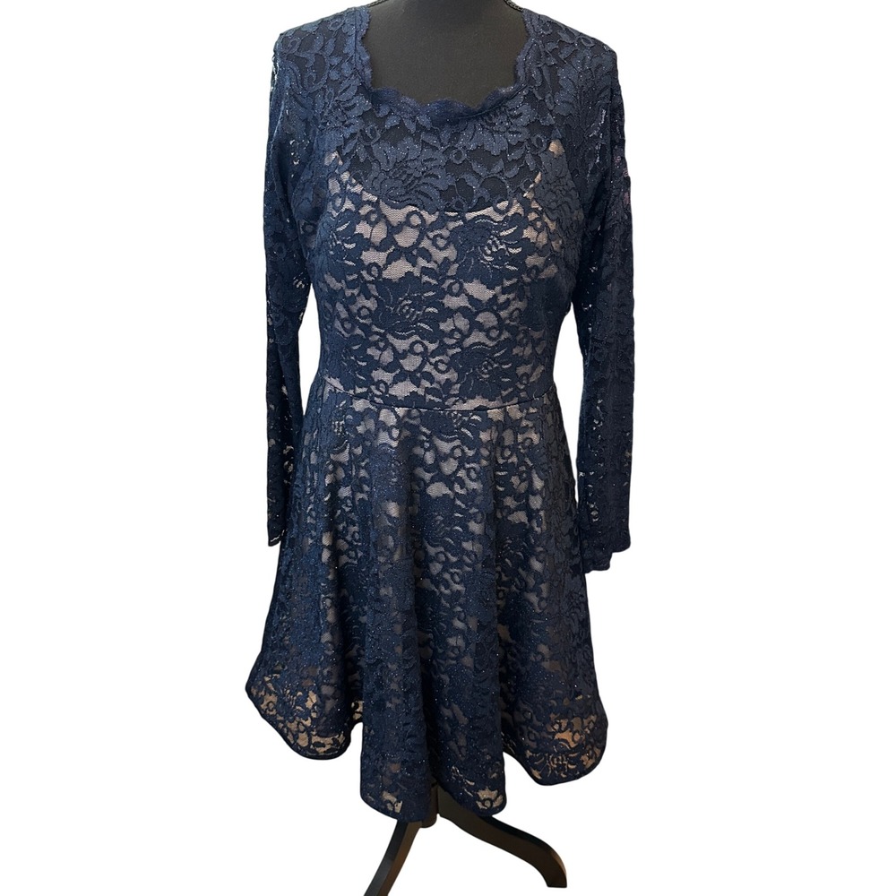 My Michelle Navy Blue Lace Fit Flare Dress Long Sleeve Sparkle Women's 15